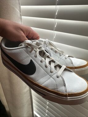 Nike Men’s White Leather Sneakers with Black Swoosh and Brown Trim Nike legacy